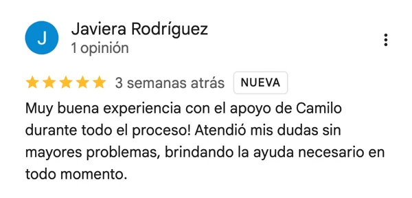 Reseña Google de Javiera Rodríguez: "Muy buena experiencia con el apoyo de Camilo"