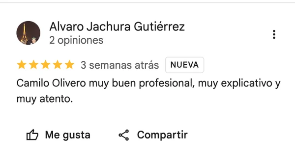 Reseña Google de Alvaro Jachura Gutiérrez: "Camilo Olivero muy buen profesional, muy explicativo"