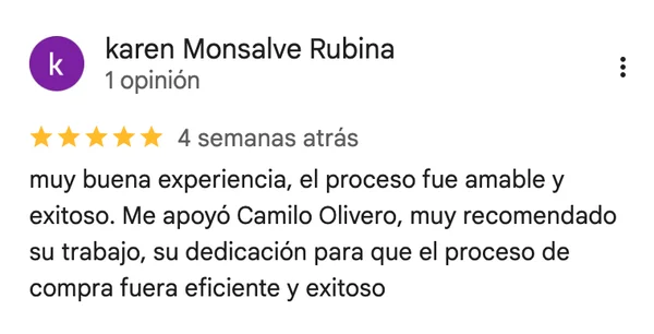 Reseña Google de Karen Monsalve: "Muy buena experiencia, el proceso fue amable y exitoso"