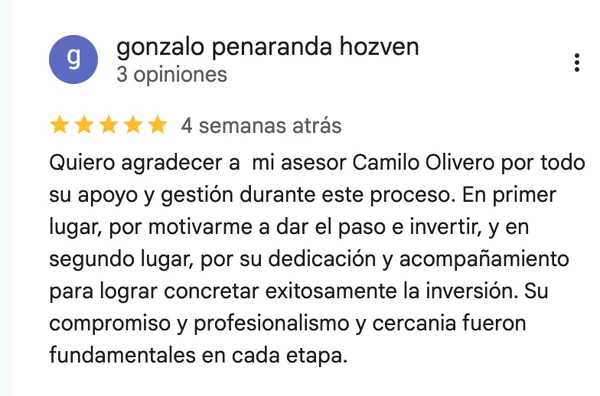 Reseña Google de Gonzalo Peñaranda: "Quiero agradecer a mi asesor Camilo Olivero"