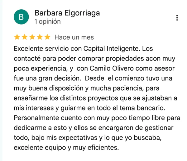 Reseña Google de Barbara Elgorriaga: "Excelente servicio con Capital Inteligente"