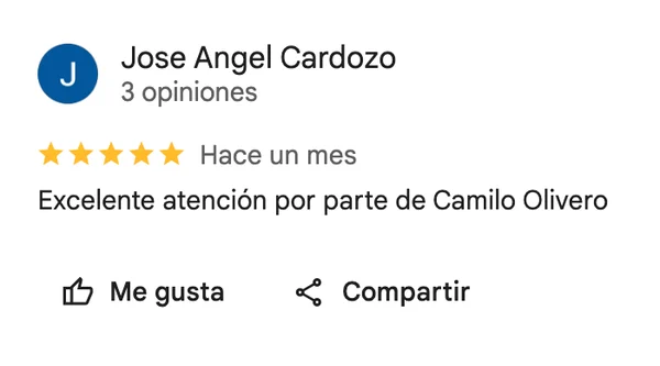 Reseña Google de Jose Ángel Cardozo: "Excelente atención por parte de Camilo Olivero"