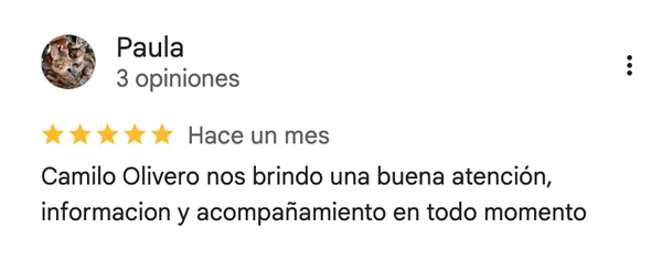 Reseña Google de Paula: "Camilo Olivero nos brindó buena atención y acompañamiento"