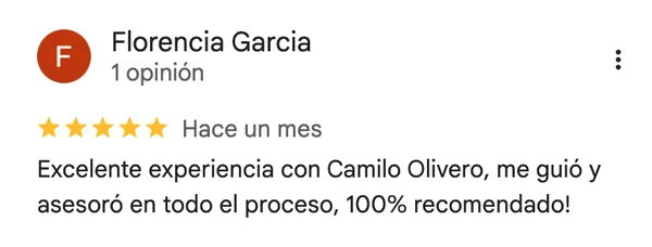 Reseña Google de Florencia García: "Excelente experiencia con Camilo Olivero, 100% recomendado"