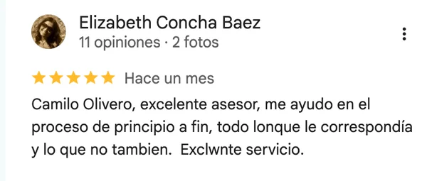 Reseña Google de Elizabeth Concha: "Camilo Olivero, excelente asesor, me ayudó de principio a fin"