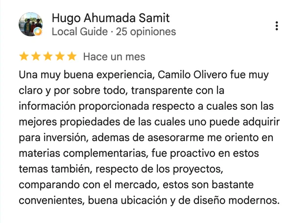 Reseña Google de Hugo Ahumada: "Camilo Olivero fue muy claro y transparente con la información"
