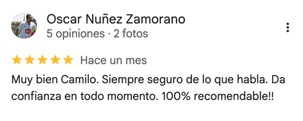 Reseña Google de Oscar Nuñez: "Muy bien Camilo. Siempre seguro de lo que habla"