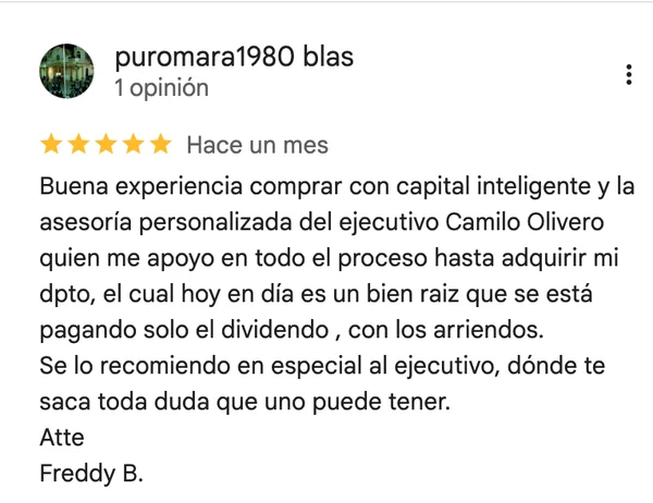 Reseña Google de Freddy B.: "Buena experiencia con la asesoría personalizada de Camilo"