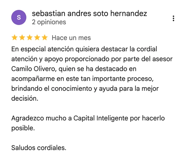 Reseña Google de Sebastián Soto: "Cordial atención y apoyo del asesor Camilo Olivero"