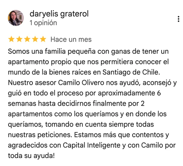 Reseña Google de Daryelis Graterol: "Camilo Olivero nos ayudó, aconsejó y guió en todo el proceso"