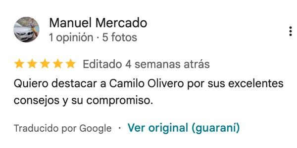 Reseña Google de Manuel Mercado: "Quiero destacar a Camilo Olivero por sus excelentes consejos"